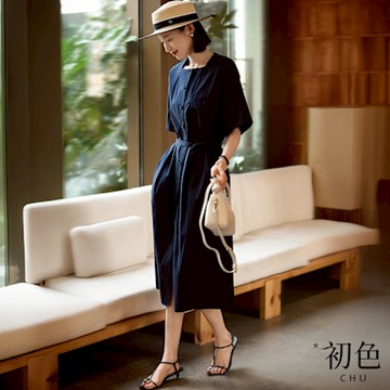 初色 日系簡約純色寬鬆方領五分袖附腰帶連衣裙連身洋裝長洋裝-藏藍色-11232(M-XL可選)