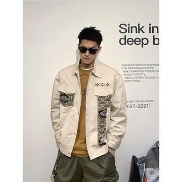 徐太浪高級感拼接工裝夾克男春秋美式休閑百搭復古設計感翻領外套