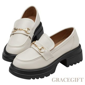 【Grace Gift】經典馬銜扣輕量厚底樂福鞋 米白