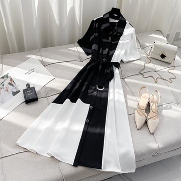 大碼2025新款氣質減齡法式連衣裙女夏胖mm寬松遮肚顯瘦中長襯衫裙