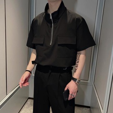 夏季半拉鏈襯衫男短袖小眾大口袋設計感韓版套頭網紅痞帥工裝襯衣
