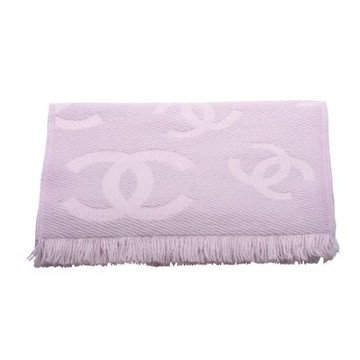 CHANEL 經典雙C LOGO雙色交織羊毛流蘇圍巾(粉紫色)