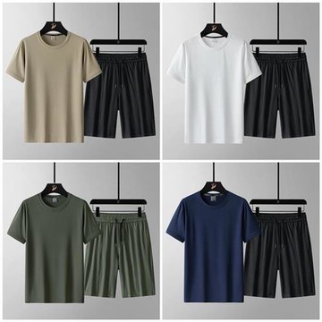 【米蘭精品】現貨+預購 男涼感休閒套裝短袖褲裝夏季速乾透氣寬鬆運動套裝健身服兩件套-男裝7色74lg66