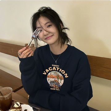 寬鬆大學T  刷毛T  複古美式印花 加絨上衣女  學生衛衣  慵懶風  秋冬韓版大學T女  🇹🇼臺灣製造 厚磅 XH