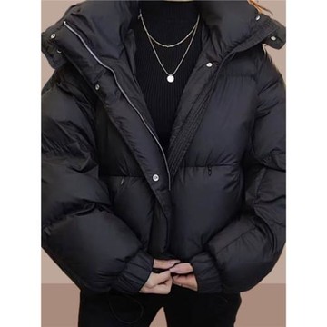 高級感黑色休閑泡芙棉衣女款2025新款冬季連帽短款面包服洋氣外套