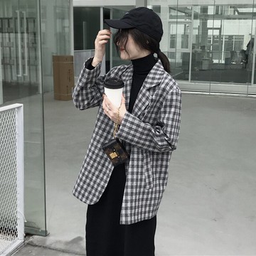 西裝外套休閒西服-格紋寬鬆韓版春秋女外套73xj8【獨家進口】【米蘭精品】
