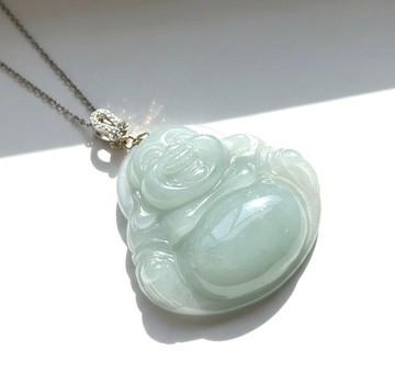 冰糯種翡翠彌勒佛項鍊 925純銀鑲嵌 | 天然緬甸玉翡翠A貨 | 送禮