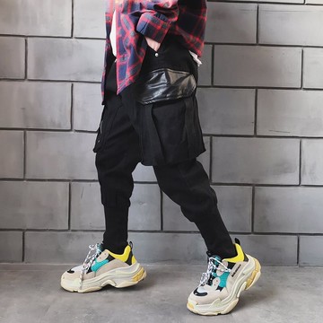 FINDSENSE H1 2018  男 新款 歐美 ins 黯黑 嘻哈 側邊大口袋 小腳哈倫褲 休閒褲 獨家款 潮褲子
