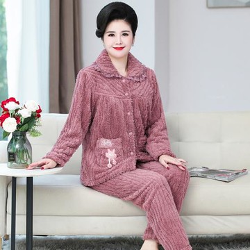 秋冬季中老年珊瑚絨睡衣女士加厚加絨法蘭絨新款中年媽媽冬天套裝