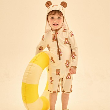 韓國 Care Bears - UPF 50+連身式長袖短褲泳裝(附遮脖泳帽)-卡通人物彩虹熊-象牙白