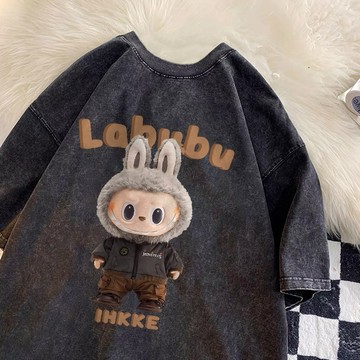 心心念念的拉布布t恤！ labubu 水洗做舊t恤 美式復古 短袖 oversize 寬鬆上衣 短袖上衣 純棉 休閒上衣