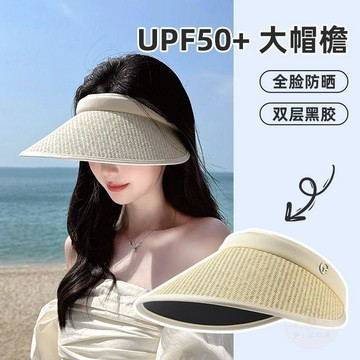 👍雙倍優惠👍黑膠 防曬 遮陽帽空頂大檐編織帽女夏季防紫外線加寬加大顯瘦防風