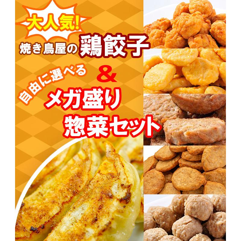 餃子 大人気 焼き鳥屋の鶏餃子(500g 一個約28g)と選べるメガ盛りお惣菜2パックセット