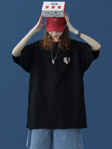 上衣純棉寬松短袖女夏黑色時尚簡約印花薄款t恤設計感小眾ins潮