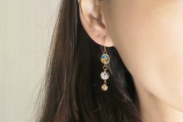 OUD原創.手工飾品. 14K包金.天然翠綠.白貝.金箔圓形串耳環/耳夾