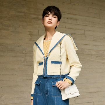 ILEY伊蕾 海軍領拼接丹寧小香短版外套(白；M-XL)