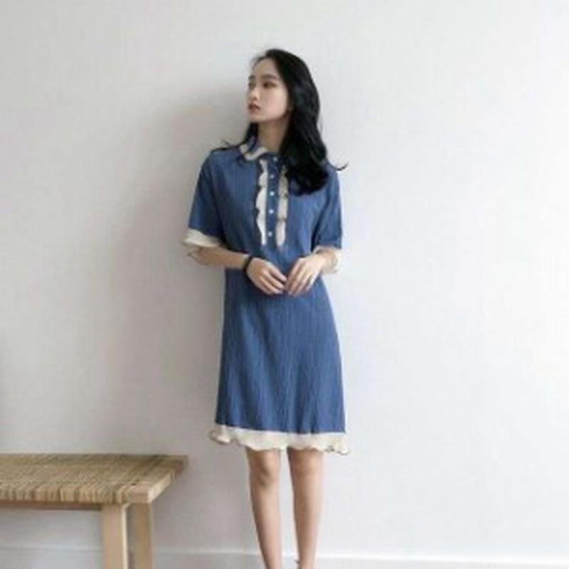 韓国 オルチャン ワンピース フリル レトロ 襟付き コットン ワンピース ひざ丈 半袖 カジュアル リゾート デート 通販 Lineポイント最大1 0 Get Lineショッピング