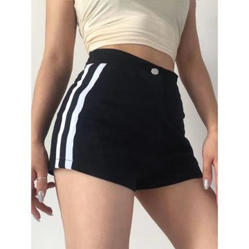 歐美側邊雙杠織帶高腰短褲修身顯瘦提臀褲女春季新款休閑條紋熱褲