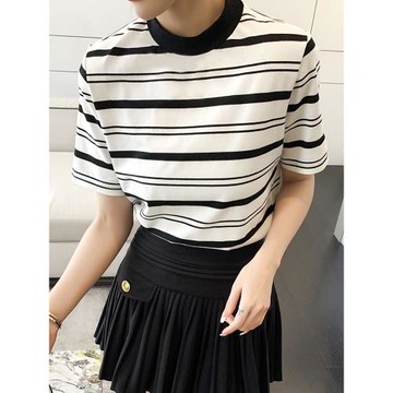 條紋t恤女黑白半高領上衣短袖復古內搭歐貨夏打底衫針織棉女日系