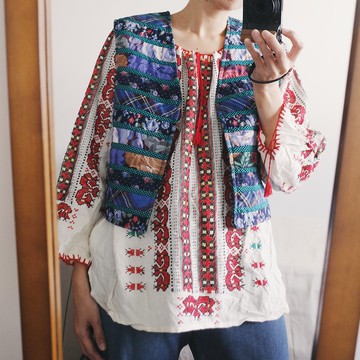 Vintage 花布拼布棉背心外套