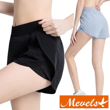 Mevels 瑪薇絲-假兩件口袋瑜珈短褲-3色可選(短褲/女長褲/運動褲/緊身褲/休閒褲)