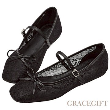 【Grace Gift】香緹微光法式蕾絲平底瑪莉珍芭蕾舞鞋 黑