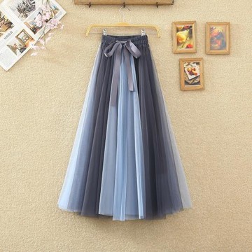 春夏新款高腰顯瘦時尚撞色A字大擺蓬蓬裙仙女網紗中長款半身裙女