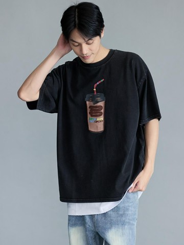 復古水洗系列飲料圖案落肩TEE