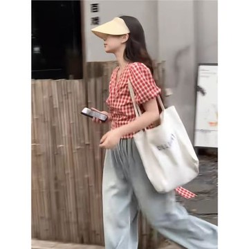 法式設計感紅色v領泡泡短袖襯衫女夏交叉綁帶雪紡娃娃衫收腰上衣