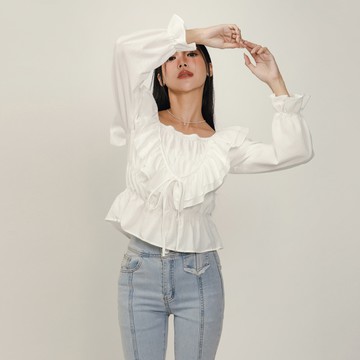 法式雙層荷葉領上衣-白【KT223934】