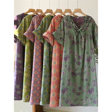 夏季復古睡裙女士薄款水洗純棉色織提花短袖長款睡衣大碼家居裙子