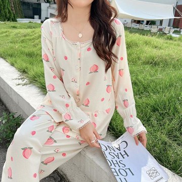 睡衣女春秋款公主爆款網紅風梭織棉2025年新款長袖前扣家居服套裝