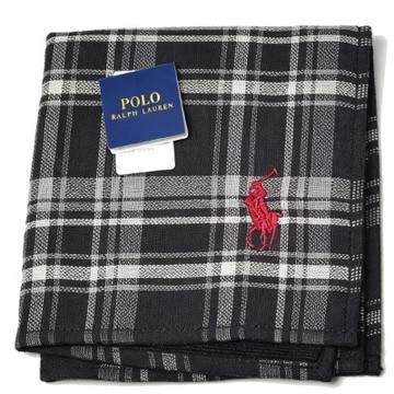 RALPH LAUREN POLO 黑灰格紋紅馬球圖騰雙面小方巾(25.5CM)
