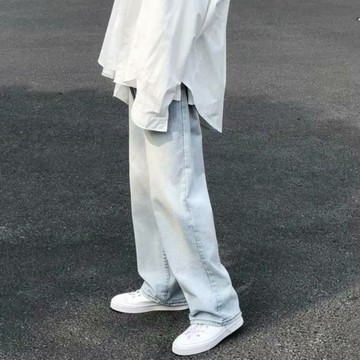 淺色牛仔褲男 直筒褲 潮牌 寬鬆 墜感 百搭 闊腿 長褲子 文藝 休閒潮流 韓版 （GY7033）【壹號站】