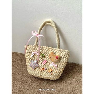 朱殼兒敲可愛kitty草編包 原創自制手工編織菜籃子手提袋手作女包