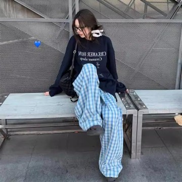 藍色格子慵懶風遛彎闊腿褲女2025早秋小個子高腰寬松抽繩休閑長褲