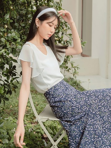 V領小性感露肩荷葉袖雪紡上衣