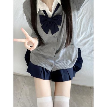 jk開衫毛衣學院風襯衫女秋冬季長袖上衣疊穿白襯衣短格裙制服套裝