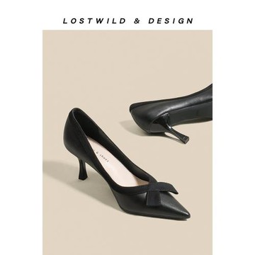 LOSTWILD黑色高跟鞋女2025新款春秋氣質淺口通勤尖頭法式中跟單鞋