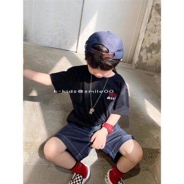 純棉25年夏兒童棋盤格短袖男女童休閑t恤寶寶寬松半袖姐弟裝日系