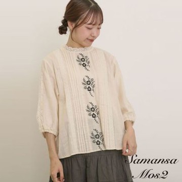 〚Samansa Mos2〛精緻蕾絲花卉圖案刺繡後開釦襯衫