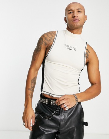 ASOS DESIGN muscle high neck vest in cream with front print-White