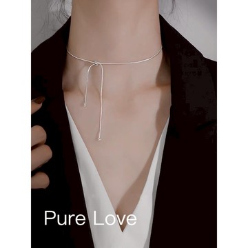 Pure Love樂芙 / 正韓 銀飾【S925純銀】N0778簡約通體純銀項鍊極簡抽拉式鎖骨鏈 短項鏈 / 銀
