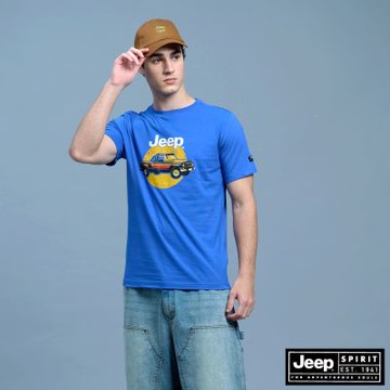 JEEP 男裝 美式復古吉普車印花純棉短袖T恤-藍色