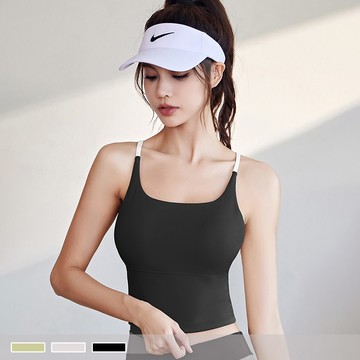 運動內衣【背心式】裸感透氣 拼色細肩帶交叉美背 抗震收腰 固定式胸墊 瑜珈背心 1109