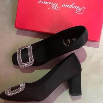 方頭水鉆方扣粗跟單鞋女網紅綢緞性感高跟鞋女中跟結婚紅色女婚鞋