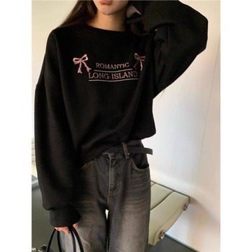 SALE 韓國東大門秋季蝴蝶結字母刺繡寬松短款圈圈純棉套頭衛衣女