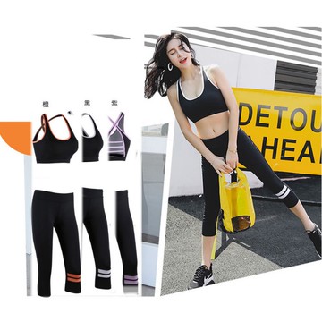 狐狸姬，M-XL歐漆運動風二件式小可愛七分褲瑜珈服路跑運動衣-內衣+七分褲(多色)