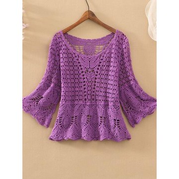 配吊帶裙的罩衫外搭女夏寬松五分喇叭袖短款蕾絲鏤空網格鉤花套頭