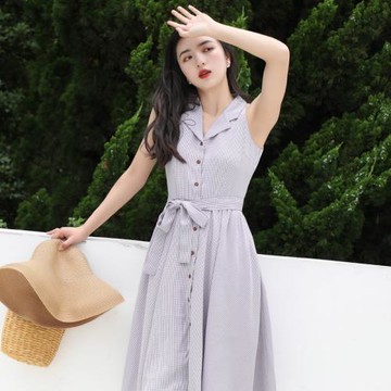 復古格子V領無袖襯衫裙 收腰顯瘦知性連衣裙紫色女大擺傘裙夏新款